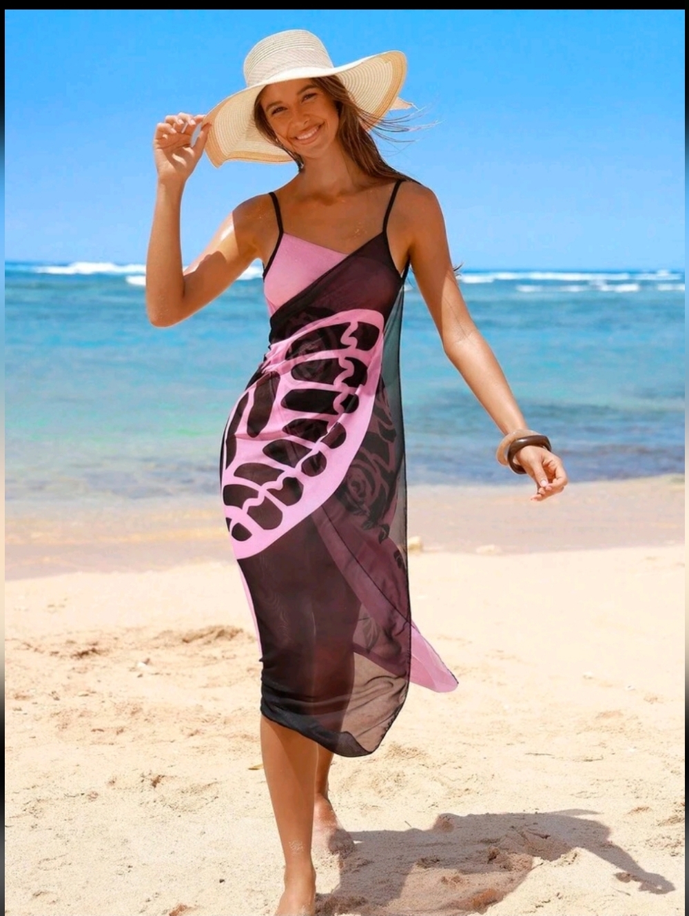 S-XL Sheer Pink & Black Beach Cover-Up Slip Dress